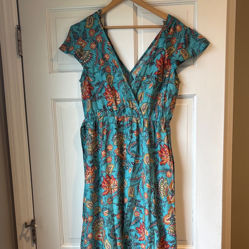 Vibrant Floral Midi Dress in Blue and Orange
